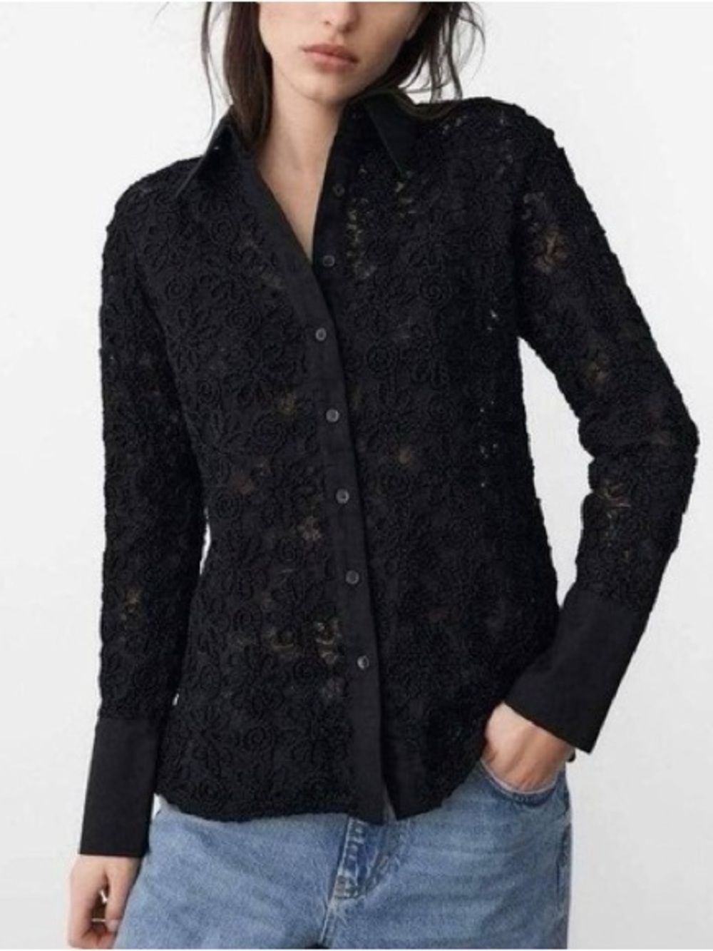 Zara NWT Black Floral Embroidered Lace Sheer Blouse Shirt Sz XS